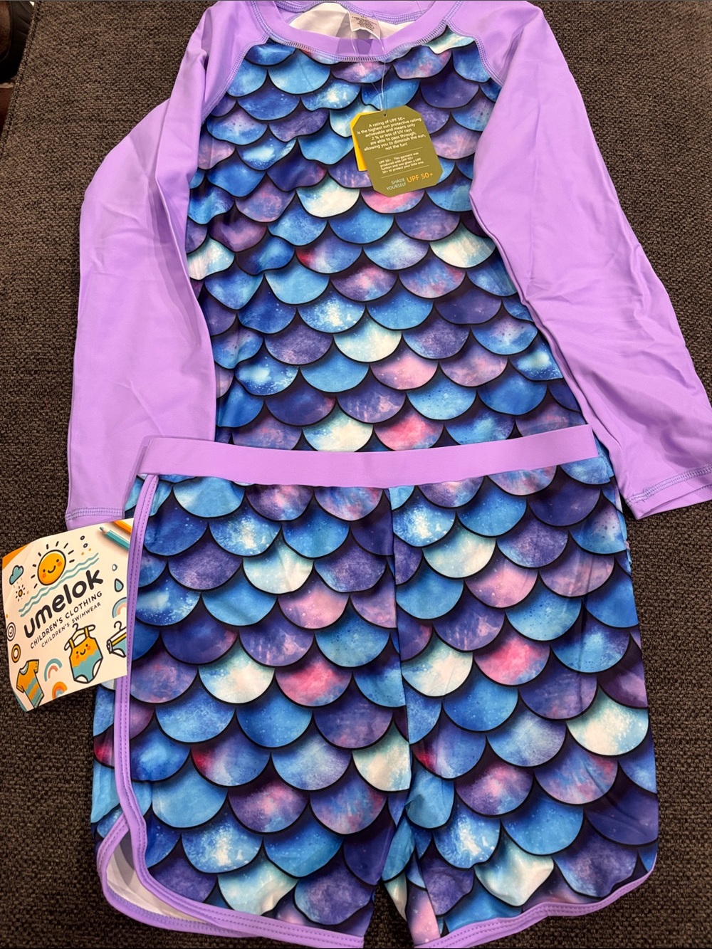 UMELOK Girls Rash Guard Swimsuit Set, Blue Purple Scales, 11-12 Years